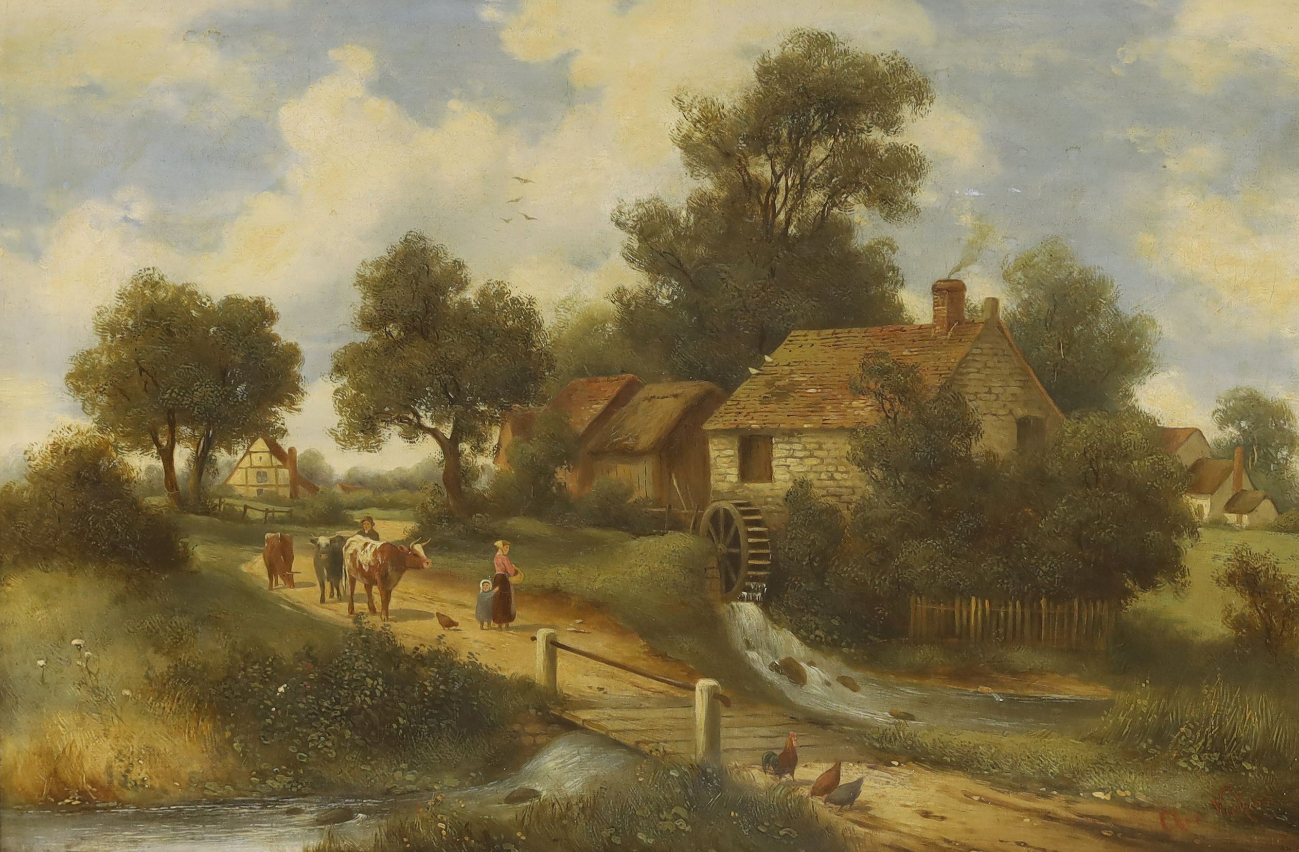 Charles Vickers (1821-1895), oil on canvas, Figures passing a watermill, signed, 50 x 76cm